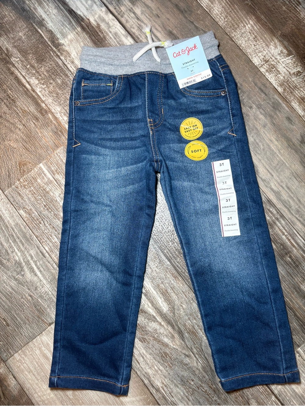 Cat & Jack Boys' Blue Straight Jeans with Gray Knit Waistband